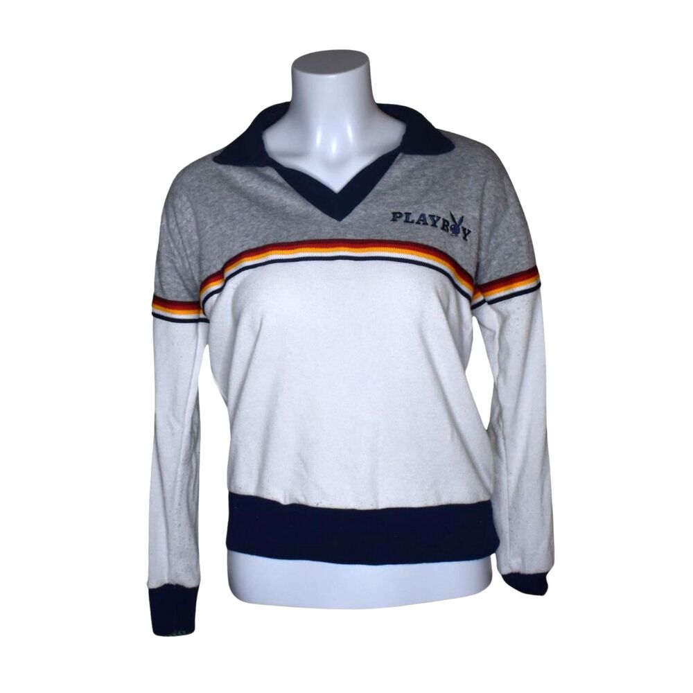 Playboy Collared V Neck Sweatshirt White Gray Navy Stripes Womens Small